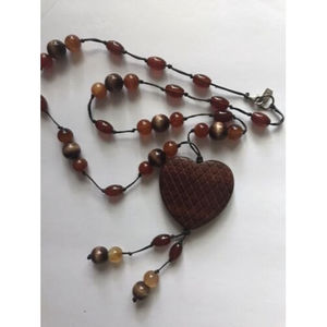 Peyoto Bird Designs Signed Peyoto bird 925 Carved Wood Heart Amber & Wood Beads